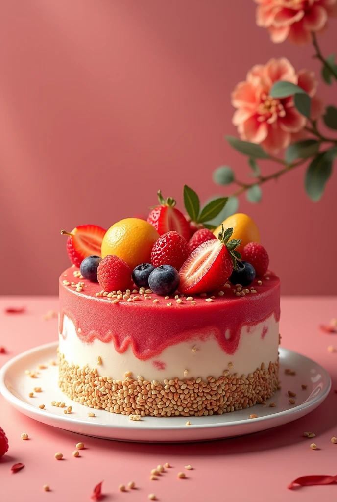 A red sesame cake with more white with fruit on top, spread with cesar with decorations so that the whole yorta can be seen with sesame but around it will be the drawing for a brand 
