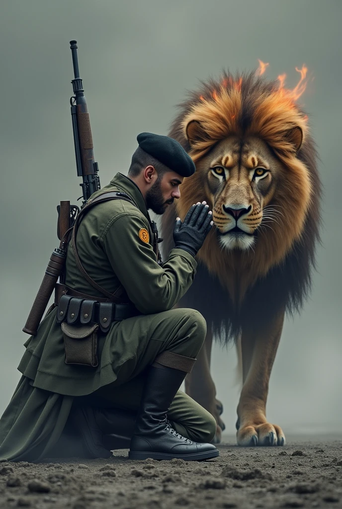 Soldier praying and in the background a lion with fiery manes on a gray background