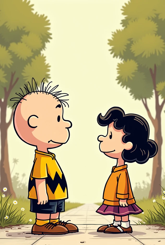 Charlie Brown from Peanuts meeting Mafalda from Mafalda.