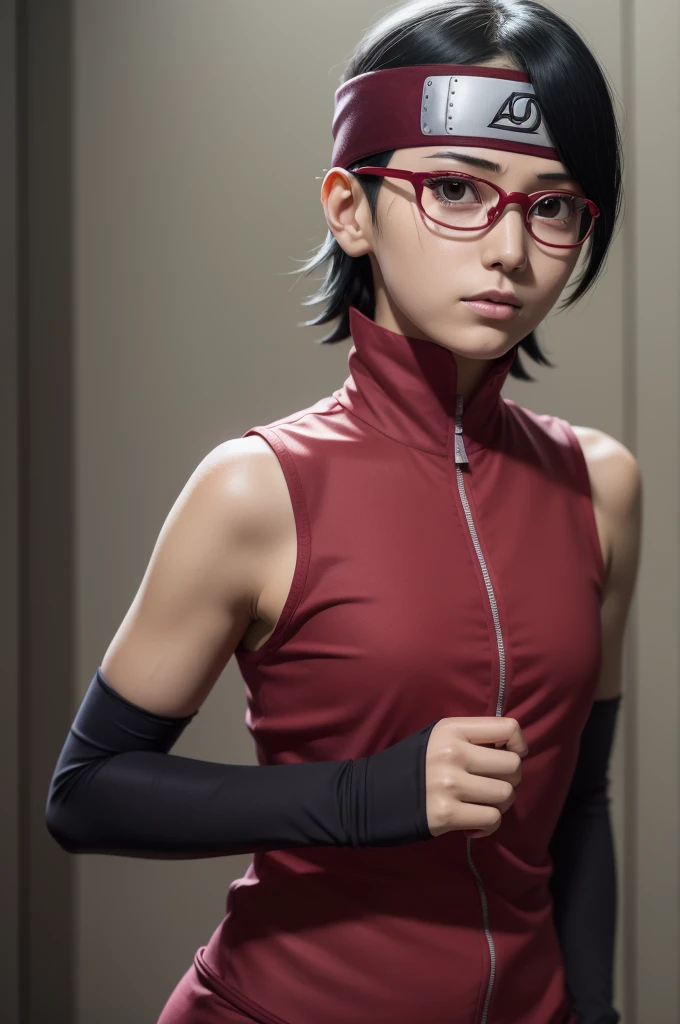 1 girl, standing, beautiful sarada uchiha, 18 years, Cups, black thighs, arm warmers, forehead protector, Bermuda, short hair, big chest, Black eyes with glasses., small hips, big ass, Capture anime screen, Sarada is 18 years, mature appearance,armpits,sweat,sweaty,sweaty armpits,arms up,showing armpits,awesome armpits,attire,blackish red arm warmers,garnet bracelets, maroon arm warmers