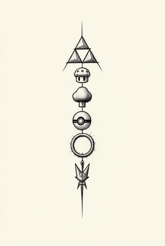 Minimalist tattoo sketch of the Zelda games, Mario, pokemon, elden ring e the last of us.