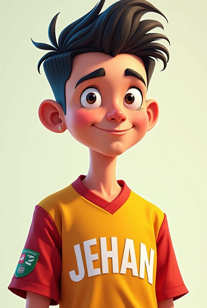 A middle age boy with french cut name of jehan with a jersy cartoon art
His jersy name is JEHAN with big Alphabet 4k