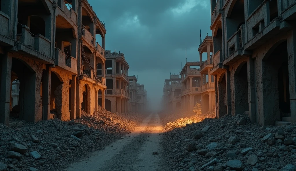 photo of iraq, destroyed buildings, realistic, typical street of iraq, photo taken with phone, bad quality, hyper realistic, night