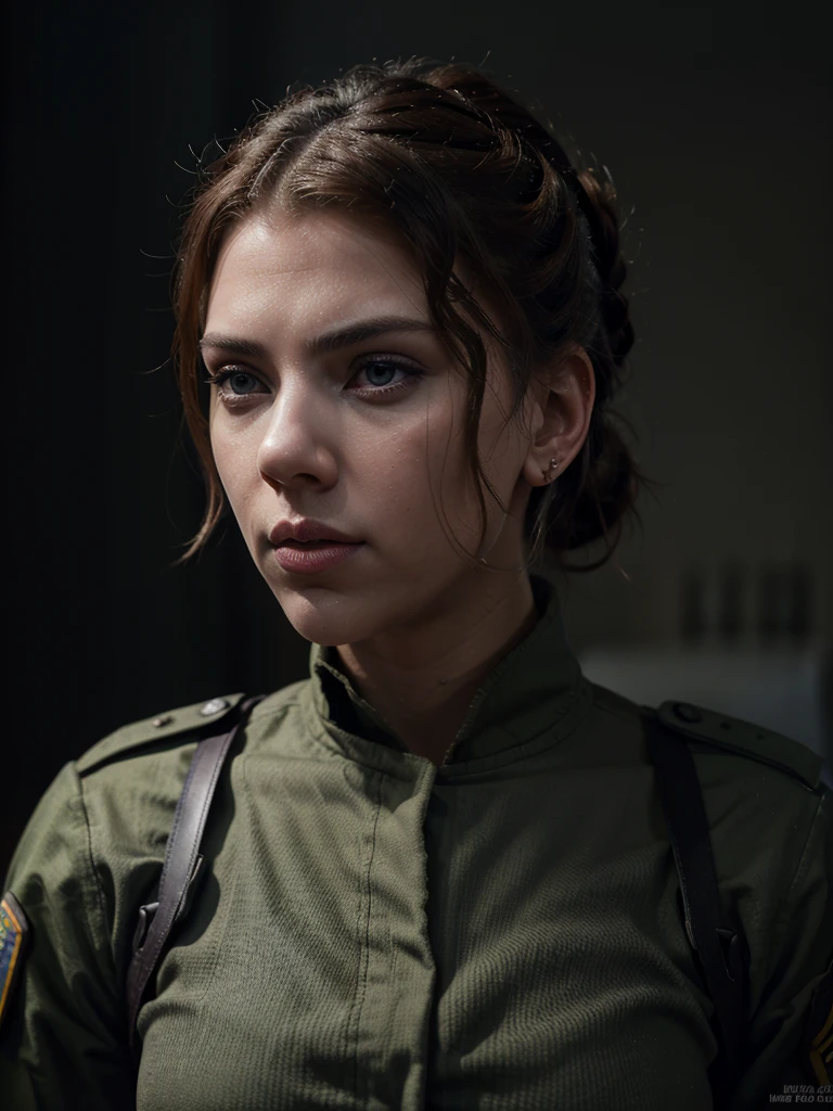 scarlett johansson, military uniform, holding rifle, hair tied up, detailed face, beautiful eyes, beautiful lips, lean muscular body, serious expression, dramatic lighting, cinematic, photorealistic, 8k, high quality, hyper detailed