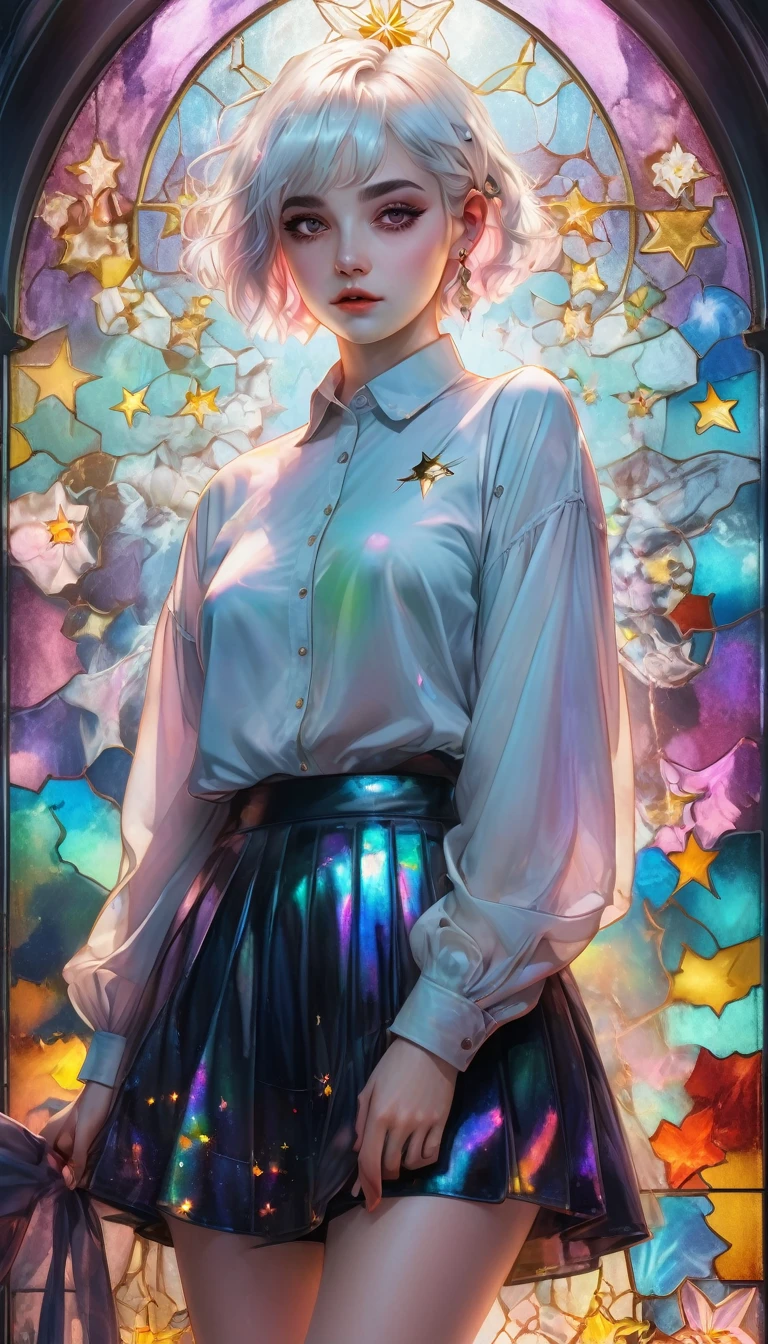 beautiful woman, white pixie cut, (big round eyes, star-shaped pupils), amorous and lewd face, cool and sadistic, looking down with a cold gaze, makeup, great proportion, wearing cute baggy loose shirt, frilly long skirt, heavy engineer boots, standing with her legs together in an embarrassing pose, background pastel color palette, large pastel stained glass, shading effects, gradation magic effects, foggy filter effects, glitter effects, cute effects, lovely effects, (ultra detailed, absolutely resolution, best quality:1.3), 2.5D, delicate and dynamic, cartoon-style