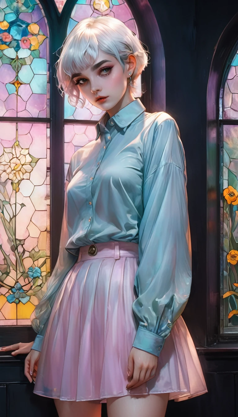 beautiful woman, white pixie cut, (big round eyes, star-shaped pupils), amorous and lewd face, cool and sadistic, looking down with a cold gaze, makeup, great proportion, wearing cute baggy loose shirt, frilly long skirt, heavy engineer boots, standing with her legs together in an embarrassing pose, background pastel color palette, large pastel stained glass, shading effects, gradation magic effects, foggy filter effects, glitter effects, cute effects, lovely effects, (ultra detailed, absolutely resolution, best quality:1.3), 2.5D, delicate and dynamic, cartoon-style