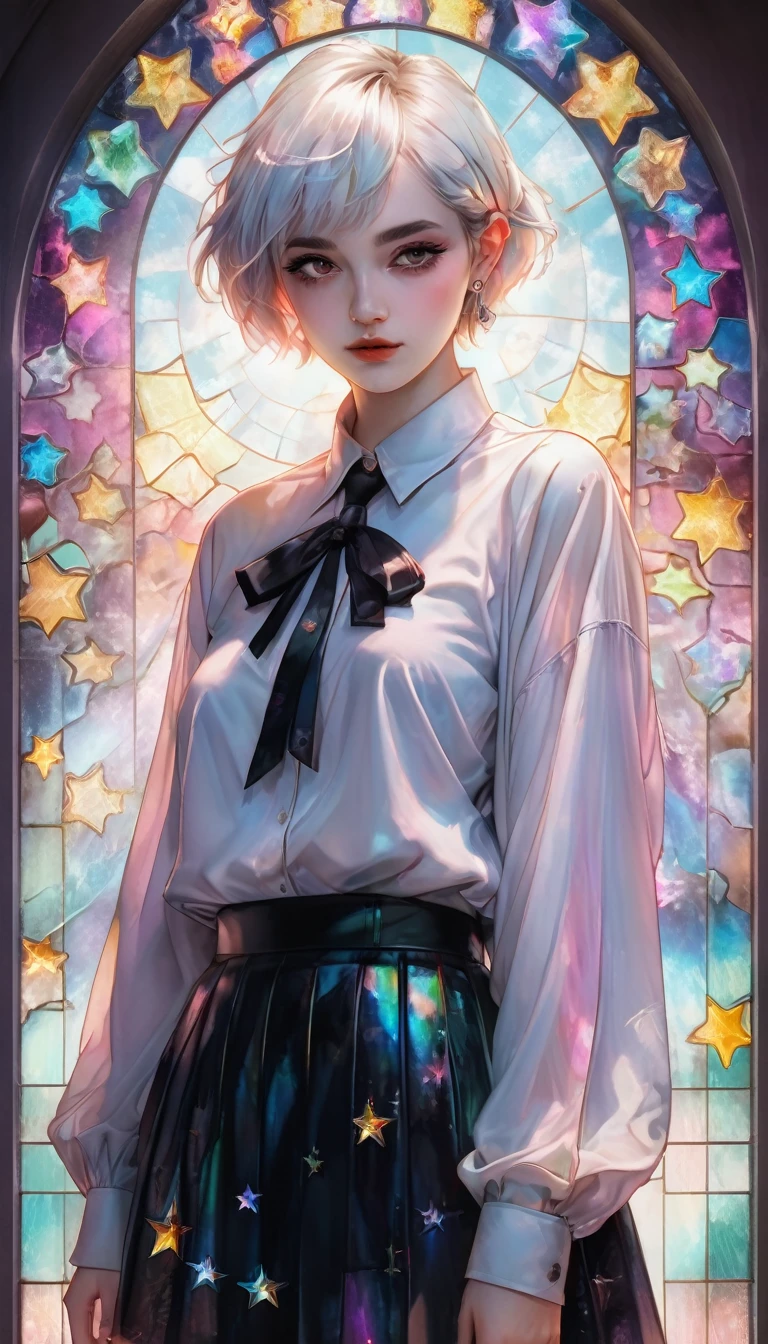 beautiful woman, white pixie cut, (big round eyes, star-shaped pupils), amorous and lewd face, cool and sadistic, looking down with a cold gaze, makeup, great proportion, wearing cute baggy loose shirt, frilly long skirt, heavy engineer boots, standing with her legs together in an embarrassing pose, background pastel color palette, large pastel stained glass, shading effects, gradation magic effects, foggy filter effects, glitter effects, cute effects, lovely effects, (ultra detailed, absolutely resolution, best quality:1.3), 2.5D, delicate and dynamic, cartoon-style