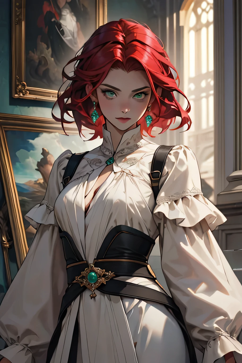 ((best qualityer)), ((work of art)), (detailded), 1woman
 [peituda], [red hair] [green eyes] [flutuando no espaço in royal custume] peituda