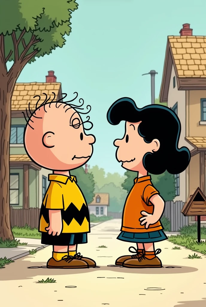 Charlie Brown from Peanuts meeting Mafalda from Mafalda.