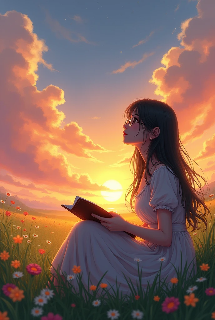 A girl with long hair wearing glasses, white skin sitting in a beautiful field looking at the sunset sky upwards with a notebook
