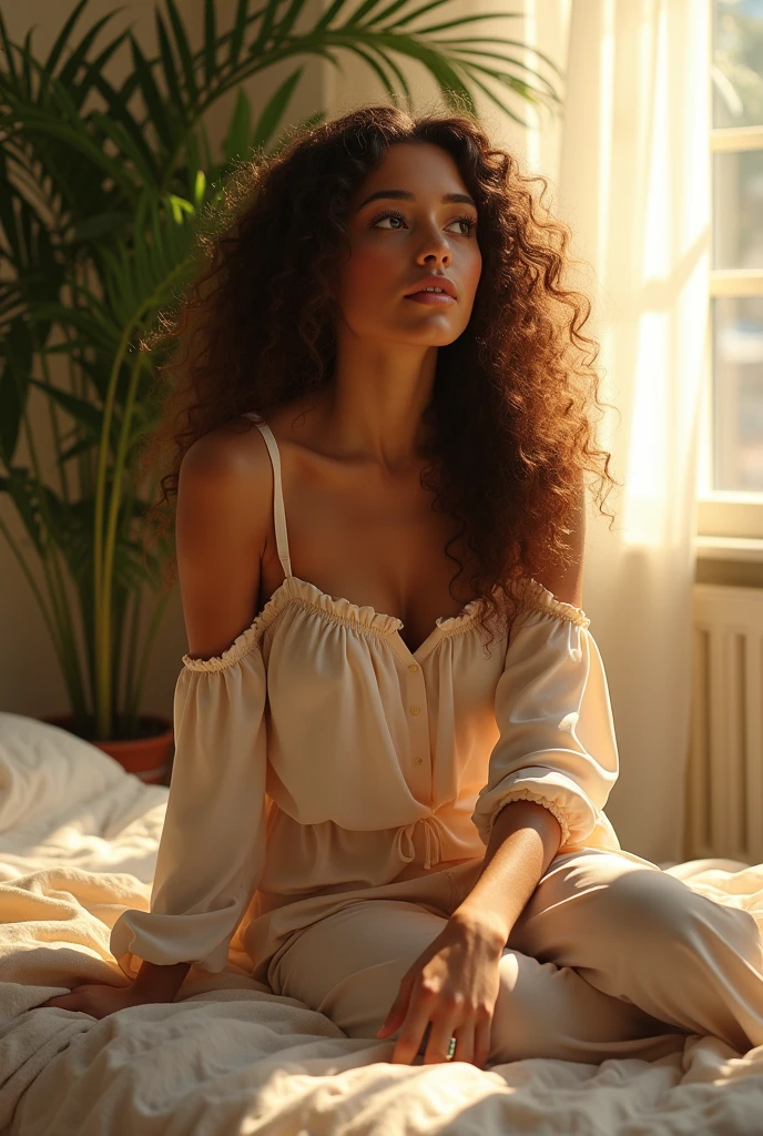 (photorealism:1.2), beautiful woman, sitting on bed, wearing loose off-shoulder top, pajama pants, long curly hair, indoors, soft lighting, plants in background, window with sunlight, cozy room, relaxed pose, realistic, intricate details, warm colors, by Greg Rutkowski, by Alphonse Mucha