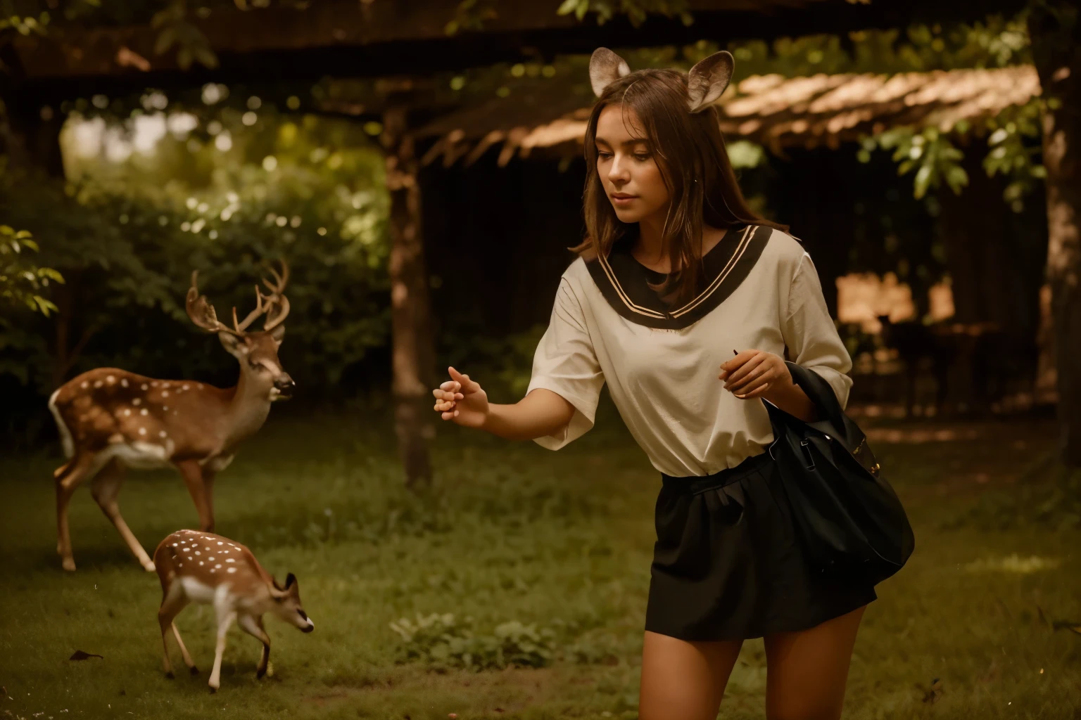 (Deer)) ((deers)) "Transform the setting of the image into a serene deer park. The park is lush with greenery, with trees and bushes creating a tranquil environment. The ground is covered in soft grass, with patches of dirt paths winding through the area. Dozens of gentle deer roam the park, some in the distance and others closer to the viewer. One deer stands prominently near the character, looking curious and approachable. The overall atmosphere is peaceful, with the sunlight filtering through the leaves, casting a soft glow on the scene. The character is positioned in a way that they are about to reach out and pet the deer closest to them."
