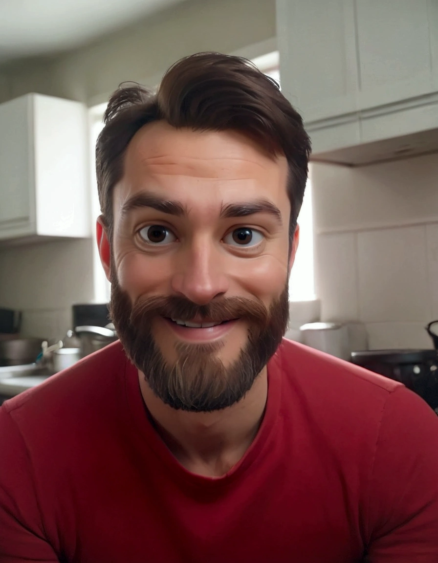there is a man with a beard and a red shirt smiling, with a small beard, 3 , 3 6 years old old), short stubble, scruffy facial hair, 38 years old, short scruffy beard, 2 9 years old, scruffy lght stubble, 4 0 years old man