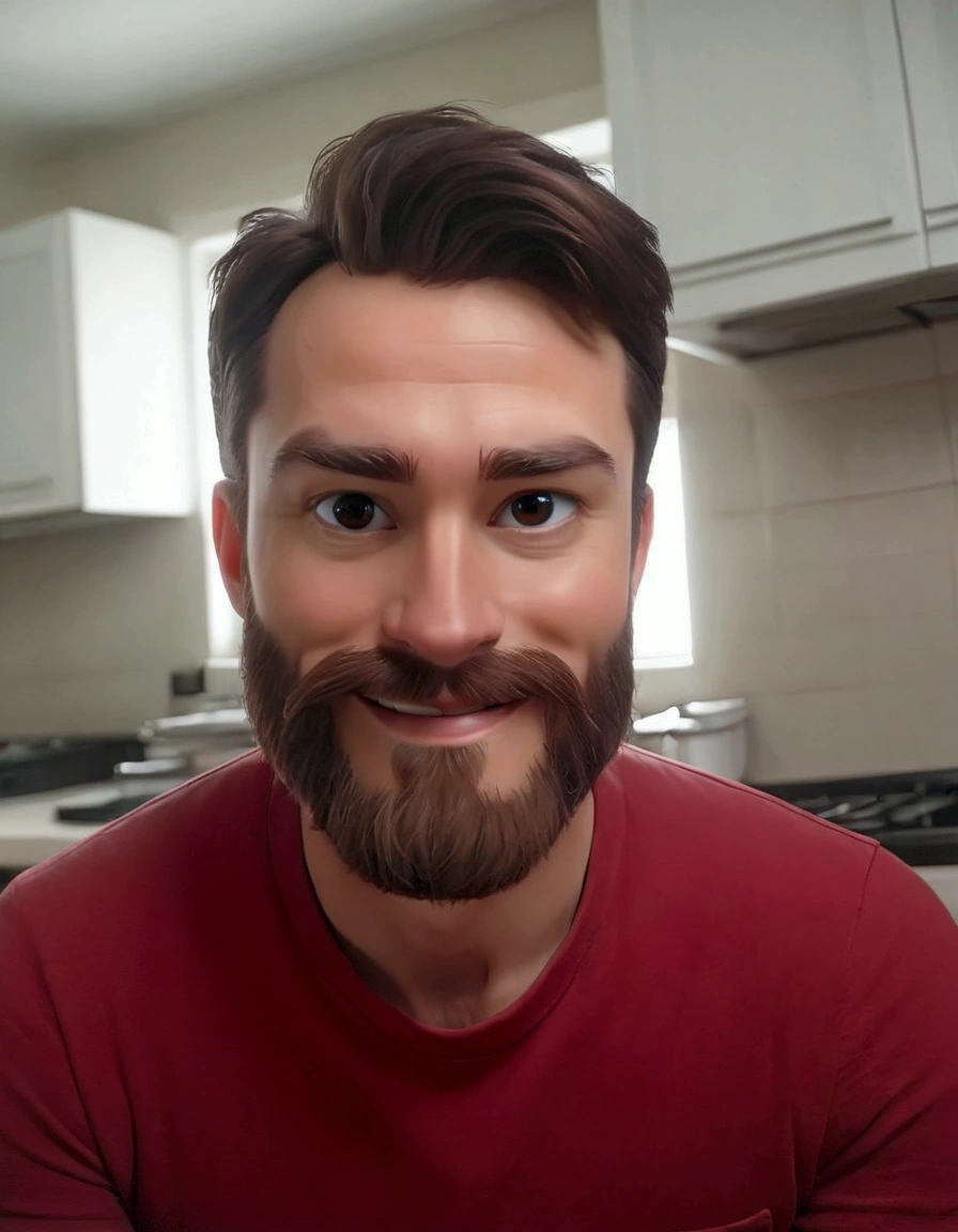 there is a man with a beard and a red shirt smiling, with a small beard, 3 2 years old, 3 6 years old, (38 years old), short stubble, scruffy facial hair, 38 years old, short scruffy beard, 2 9 years old, scruffy looking, slight stubble, 4 0 years old man