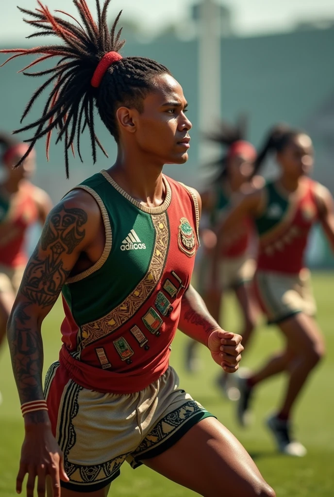 (photorealism:1.2), A detailed photograph of a Mexican men's rugby sevens team, with players who present pre-Hispanic characteristics. Players must have traditional hairstyles inspired by ancient civilizations, with tattoos that reflect pre-Hispanic symbols. Their skin tones should be medium to dark, representing the Mexican indigenous heritage. The team uniform must be inspired by pre-Hispanic culture, with intricate designs and patterns that reflect the art of ancient Mexico. The shirt should have a combination of earth tones, like deep reds, green and gold, with symbols or glyphs incorporated into the fabric. The scene must show the team in action, highlighting their strength and unity, with a focus on the cultural elements that make their appearance unique and rooted in Mexican history."