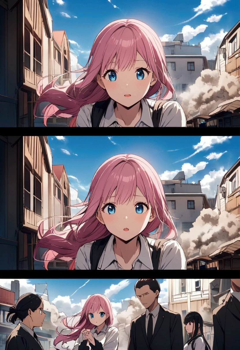 cleaning、Dust、Girl with pink hair、blue eyes、Twin Drill、A scene from a movie