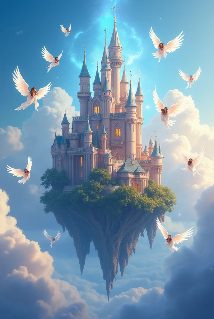 A huge castle built on clouds with bright sky and angels defending it