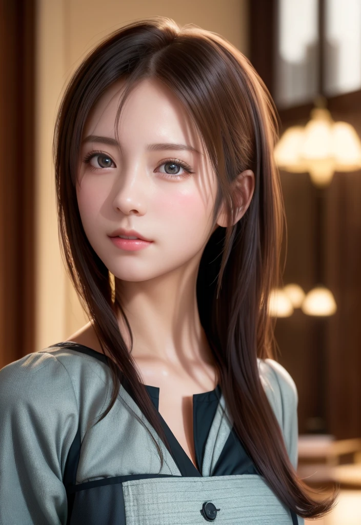 8K, of the highest quality, masutepiece:1.2), (Realistic, Photorealsitic:1.37), of the highest quality, masutepiece, Beautiful young woman, Pensive expression,、A charming、and an inviting look, Cute Maid Clothes, Hair tied back, Cinematic background, Light skin tone