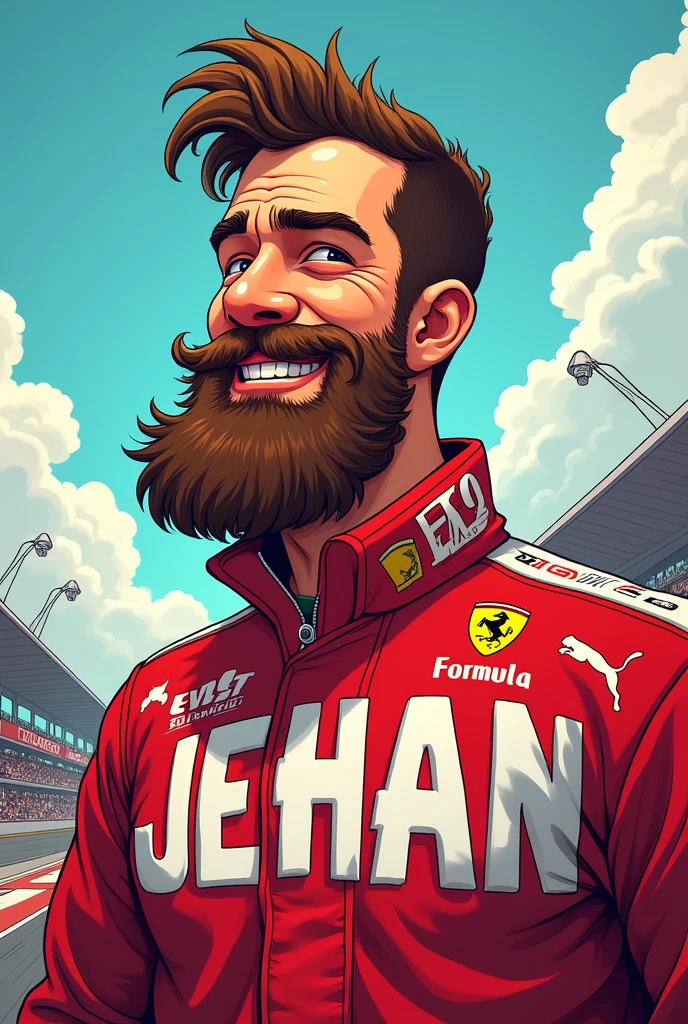 A middle age boy with french cut beard name of jehan with a f1 jersy cartoon art
His jersy name is JEHAN with big Alphabet 4k