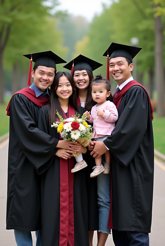 There are five people standing together holding a bouquet of flowers, Graduation photo, family, wear academic dress, post-graduation, photo taken in 2023, happy family