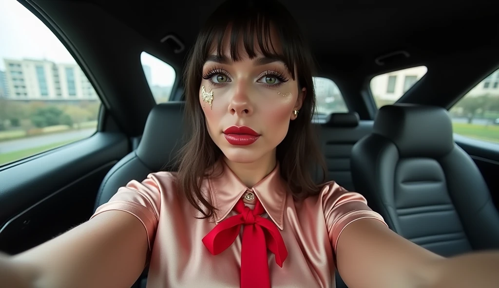 selfie photo of a androgynous lady in a car, wearing a glamorous satin blouse with red tie, cum is dripping from her blouse, cumshots cover the blouse, spermed face, city of berlin in the background, fetish