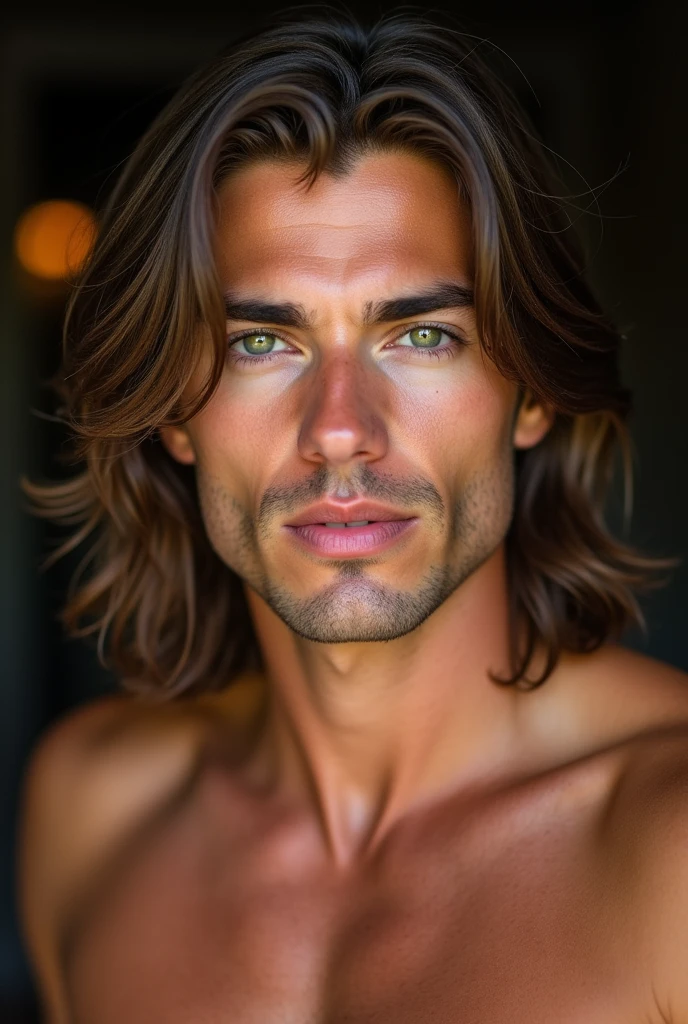 Man with seductive green eyes, pink lips, straight brown hair with waves that fall over the forehead, very muscly