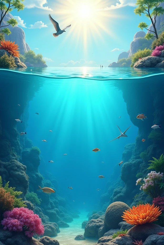 a beautiful underwater scene with a half underwater and half above water view, highly detailed, vibrant colors, 3d, pixar disney animation style, crystal clear water, underwater plants and coral, fish swimming, sunlight streaming through the water surface, birds flying above the water, serene and peaceful atmosphere