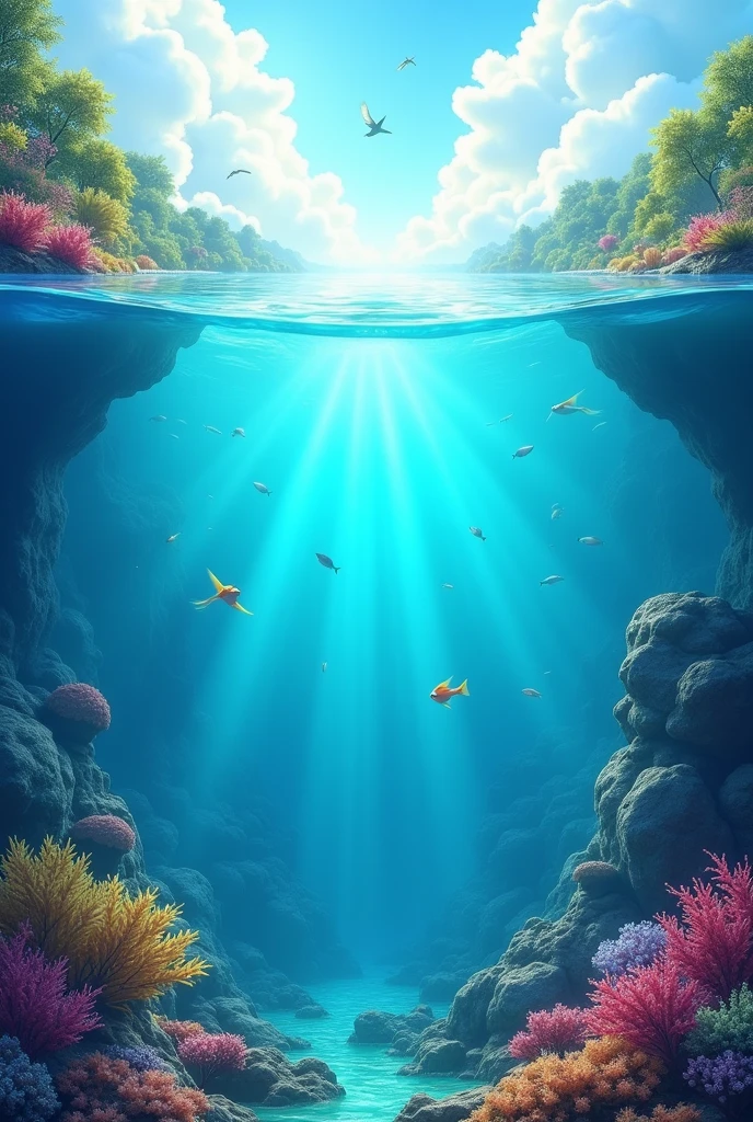 a beautiful underwater scene with a half underwater and half above water view, highly detailed, vibrant colors, 3d, pixar disney animation style, crystal clear water, underwater plants and coral, fish swimming, sunlight streaming through the water surface, birds flying above the water, serene and peaceful atmosphere
