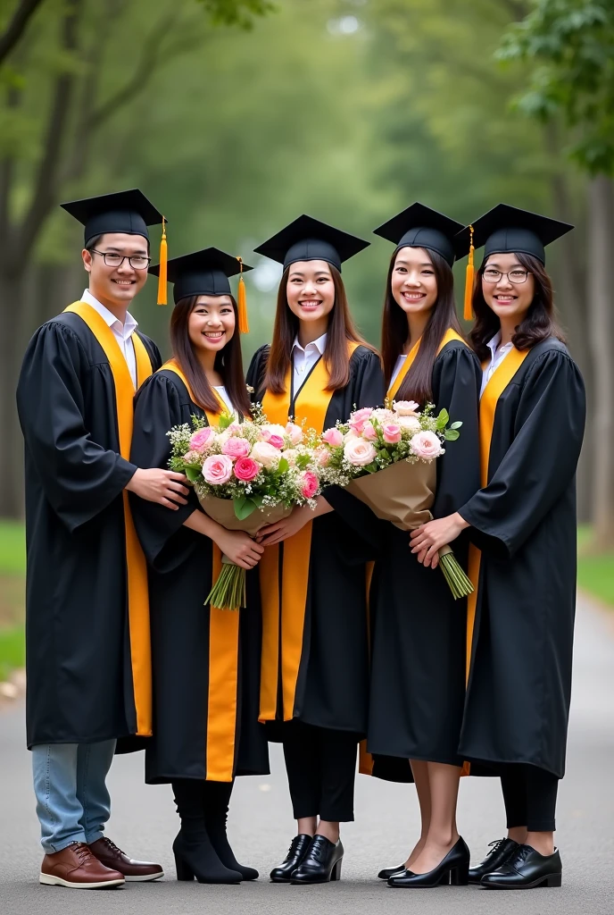 There are five people standing together holding a bouquet of flowers, Graduation photo, family, wear academic dress, post-graduation, photo taken in 2023, happy family