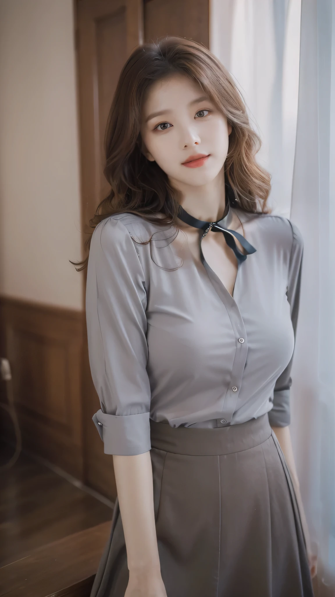 detailed background, masterpiece, best quality, 1 person , curly hair, long hair, purple eyes, star in eye , grey Strapless blouse, long skirt, grey, tight , grey blouse , collar design