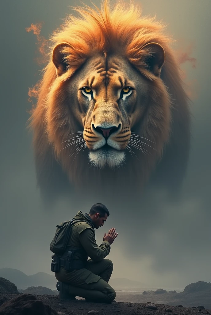 Soldier praying and in the background the head of a lion with fiery manes on a gray background 