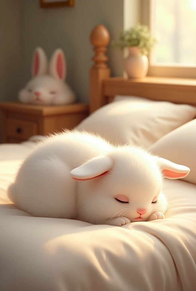 White rabbit sleeping in bed