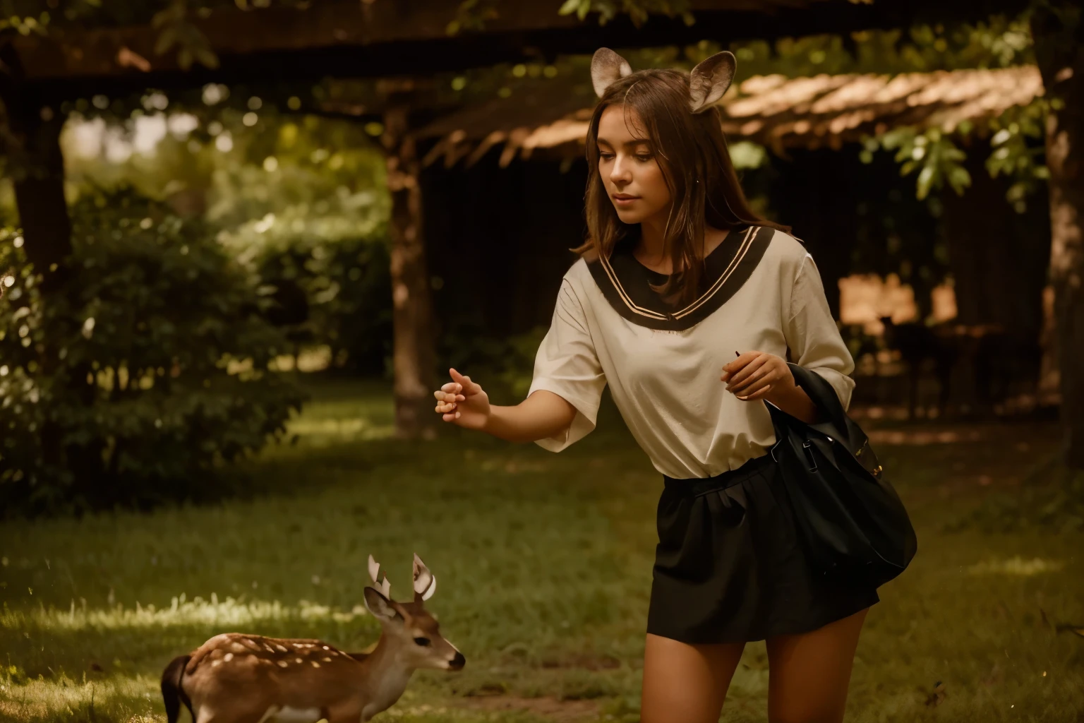 (Deer)) ((deers)) "Transform the setting of the image into a serene deer park. The park is lush with greenery, with trees and bushes creating a tranquil environment. The ground is covered in soft grass, with patches of dirt paths winding through the area. Dozens of gentle deer roam the park, some in the distance and others closer to the viewer. One deer stands prominently near the character, looking curious and approachable. The overall atmosphere is peaceful, with the sunlight filtering through the leaves, casting a soft glow on the scene. The character is positioned in a way that they are about to reach out and pet the deer closest to them."