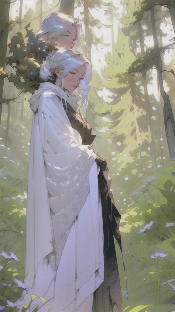 arafed woman in a white violet in a forest, dryad in the forest, witch in the woods, photograph captured in the woods, forest ritual, cloak flittering in the wind, draped in flowing fabric, shrouded figure, wearing a luxurious silk cloak, nature goddess, goddess of the forest