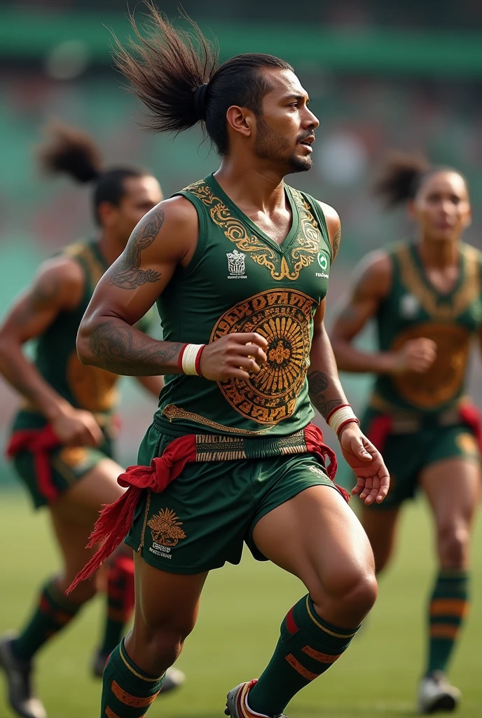 (photorealism:1.2), A detailed photograph of a Mexican men's rugby sevens team, with players who present pre-Hispanic characteristics. Players must have traditional hairstyles inspired by ancient civilizations, with tattoos that reflect pre-Hispanic symbols. Their skin tones should be medium to dark, representing the Mexican indigenous heritage. The team uniform must be inspired by pre-Hispanic culture, with intricate designs and patterns that reflect the art of ancient Mexico. The shirt should have a combination of earth tones, like deep reds, green and gold, with symbols or glyphs incorporated into the fabric. The scene must show the team in action, highlighting their strength and unity, with a focus on the cultural elements that make their appearance unique and rooted in Mexican history."