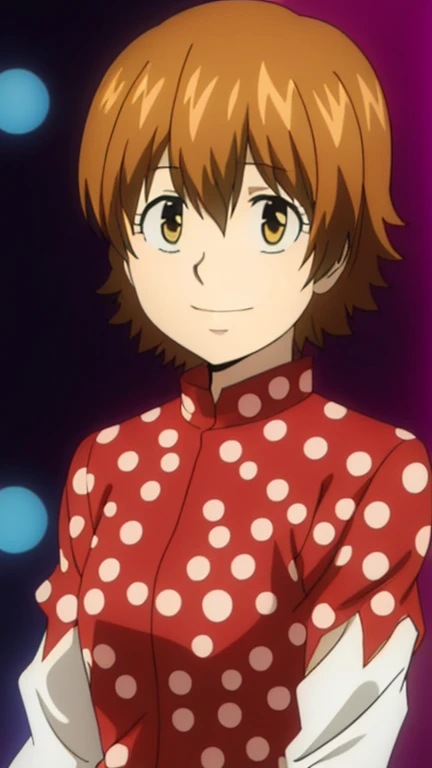Kyoko1 1girl, brown hair, short hair, brown eyes, wearing a polka dot dress with puffy sleeves, upper body,, high quality, HDR, UHD, Masterpice, puffy slevees, smiling. anime coloring,