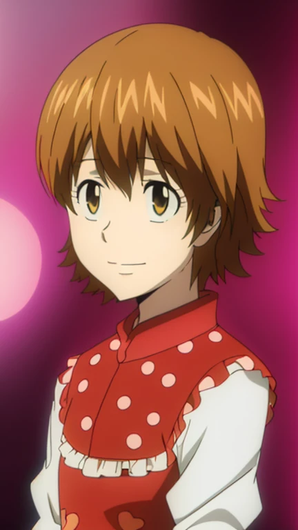 Kyoko1 1girl, brown hair, short hair, brown eyes, wearing a polka dot dress with puffy sleeves, upper body,, high quality, HDR, UHD, Masterpice, puffy slevees, smiling. anime coloring,