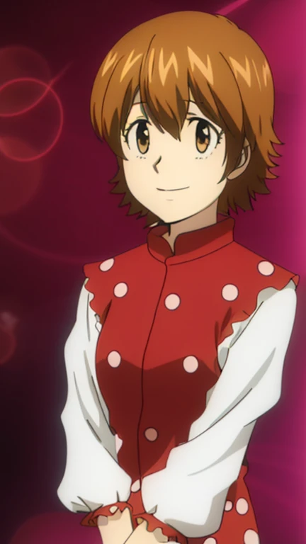 Kyoko1 1girl, brown hair, short hair, brown eyes, wearing a polka dot dress with puffy sleeves, upper body,, high quality, HDR, UHD, Masterpice, puffy slevees, smiling. anime coloring,