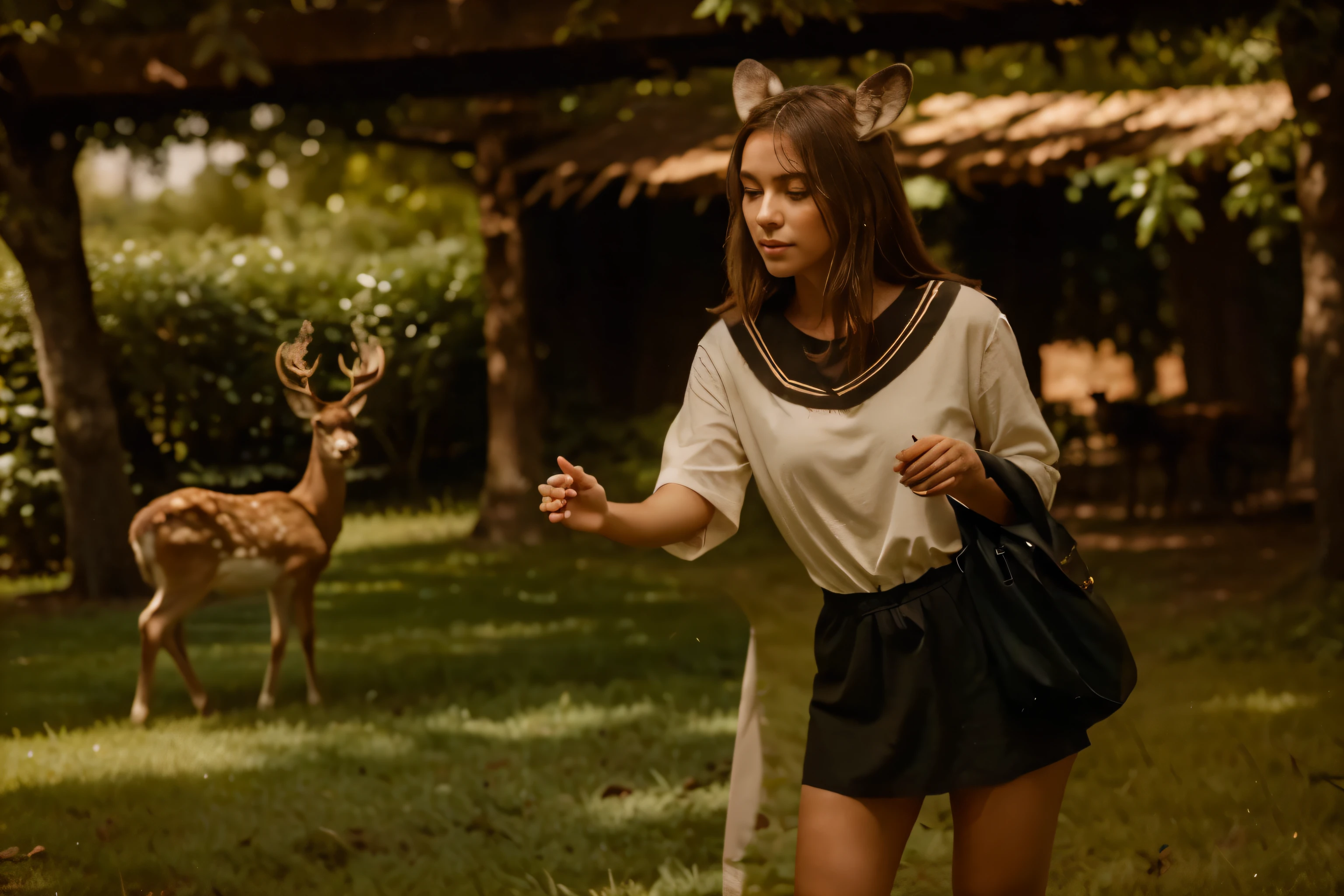 (Deer)) ((deers)) "Transform the setting of the image into a serene deer park. The park is lush with greenery, with trees and bushes creating a tranquil environment. The ground is covered in soft grass, with patches of dirt paths winding through the area. Dozens of gentle deer roam the park, some in the distance and others closer to the viewer. One deer stands prominently near the character, looking curious and approachable. The overall atmosphere is peaceful, with the sunlight filtering through the leaves, casting a soft glow on the scene. The character is positioned in a way that they are about to reach out and pet the deer closest to them."