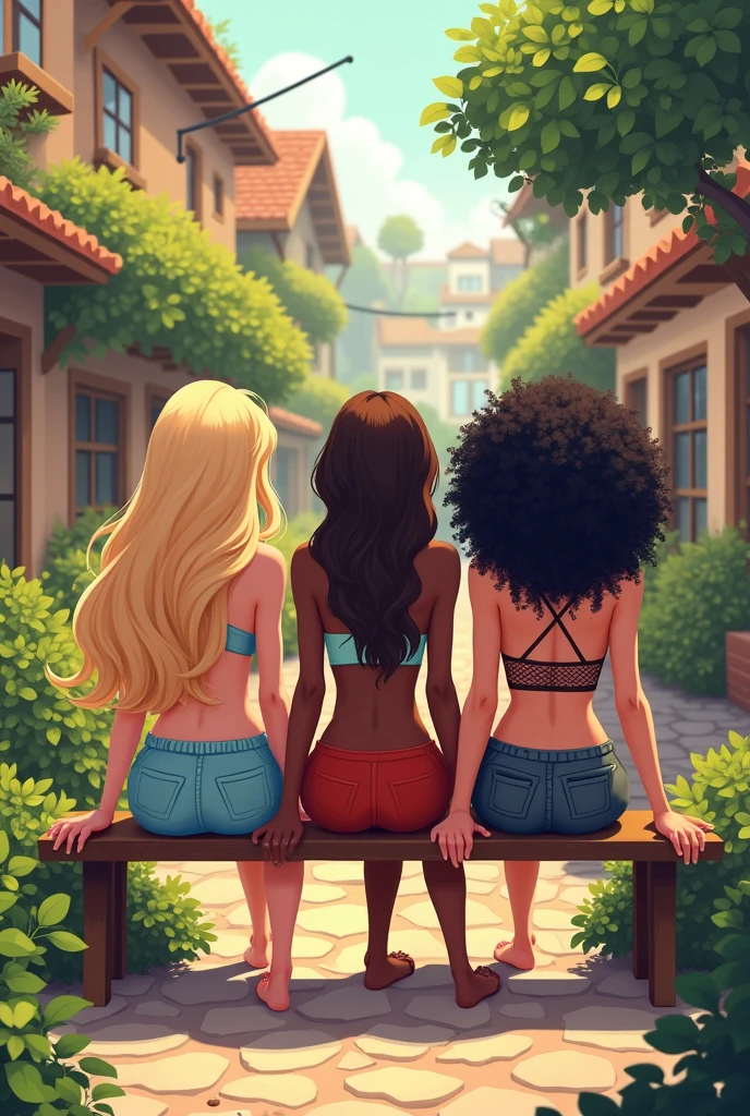 
pixel art drawing), beautiful women, sitting on a bench, in a square, one with long blonde hair, white skin, another with brown hair, dark skin, and the last one with black curly hair and a little chubby, outside, plants in the background, with sunlight, relaxed poses, realistic and intricate details, warm colors