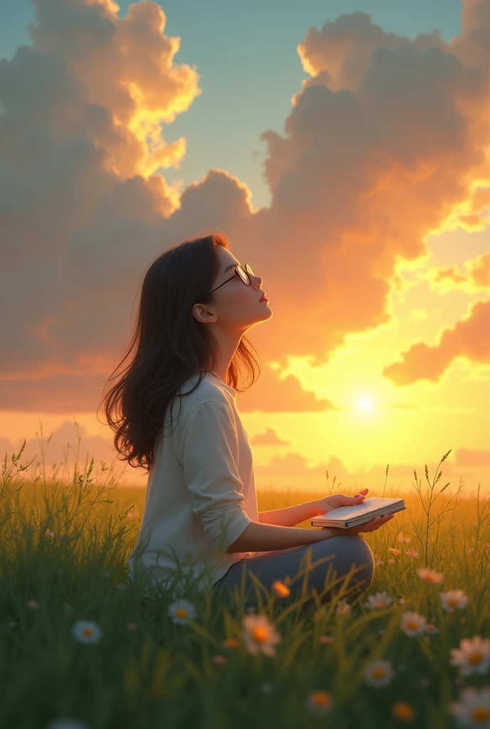 A girl with long hair wearing glasses, White skin sitting in the middle of a beautiful field looking up at the sunset sky with a notebook