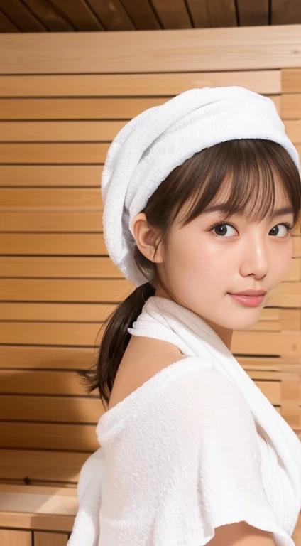 1Girl, solo, (Masterpiece, Best Quality, 8k,,Photorealistic, real girl, mulberry:1.37), looking up at viewer, 18-year-old dainty Japan, Slender body type: 1.1, Small , Sitting, sauna, Double eyelids, Droopy Eyes, A darK-haired, (Sweaty face, Sweaty body: 1.2): 0.2, (White oversized towel cloth dress, strapless), (small in size, White Towel Turban: 1.1), Finnish sauna, realistic body, makeups, Gloss slip, focus on face, smaller face, Sharp focus, Layered Cut, facing the viewer, The sauna has the following., shot from the front、The towel is wet and her nipplessible