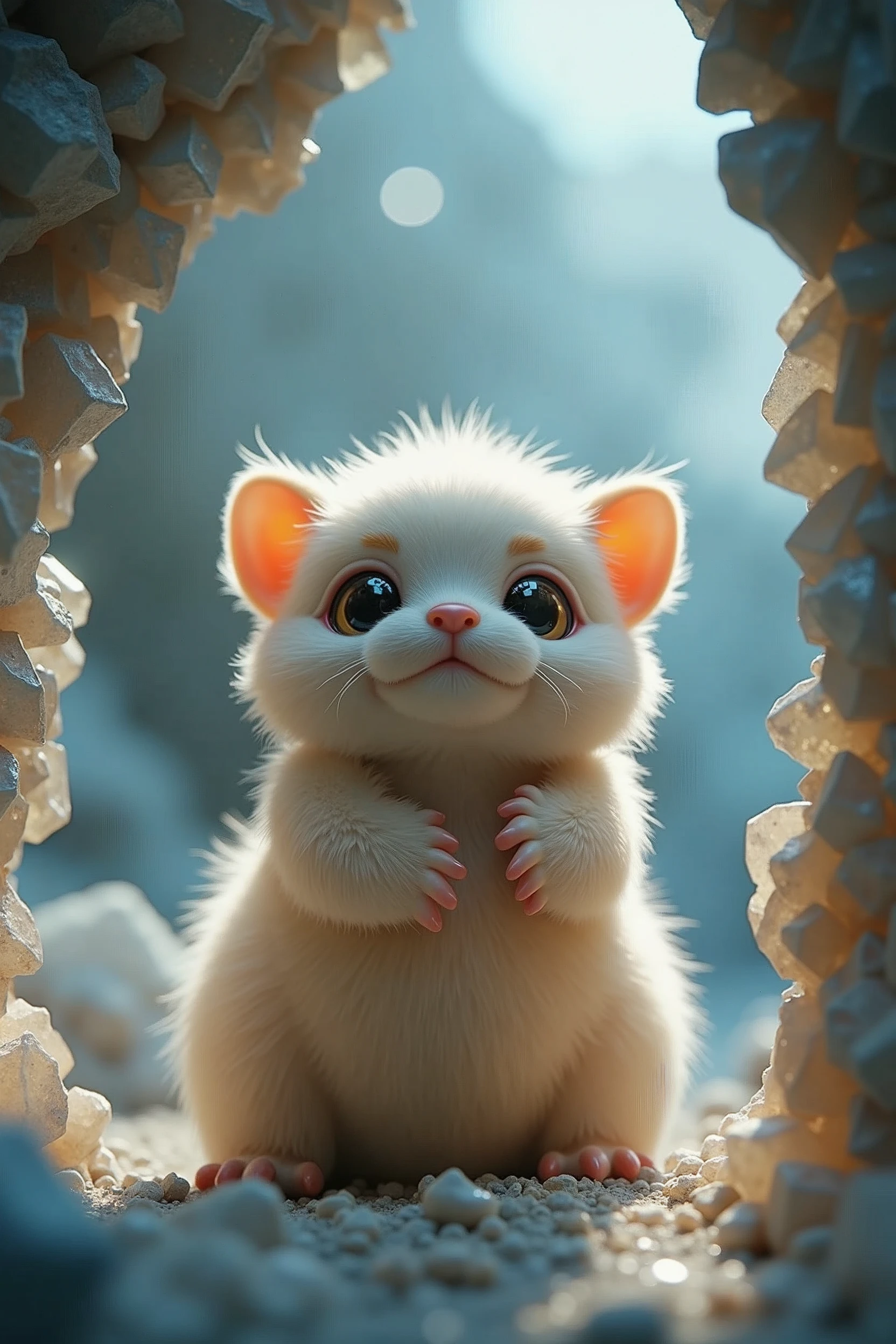 ,a picture of a of a small fat fluffy creature, whose fur is decorated with small polished crystals, which looks out curiously between two huge crystals, it holds on to the large crystals and leans forward slightly to take a close look at its surroundings, it is super cute and fluffy and looks at the viewer with big sparkling eyes, it's super cute how it looks up from the bottom, the scene takes place in a crystal cave, the walls are decorated with unpolished shiny crystals that reflect the light in the cave and everything on illuminate a harmonious and peaceful way,
