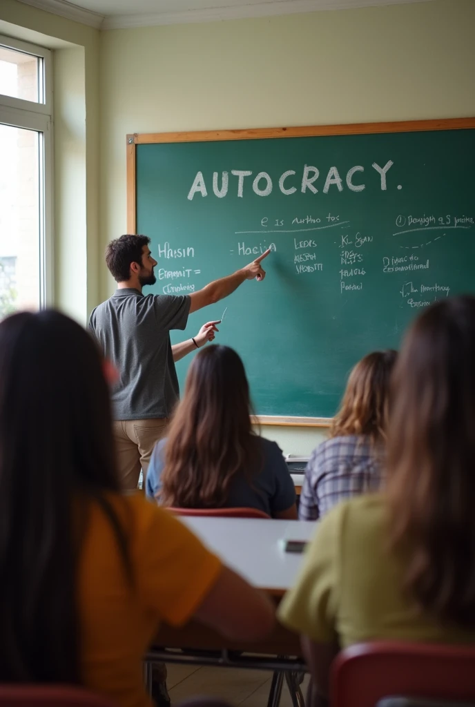 A classroom with students, and a teacher pointing to the board. Na lousa, the word will be written "AUTOCRACY"