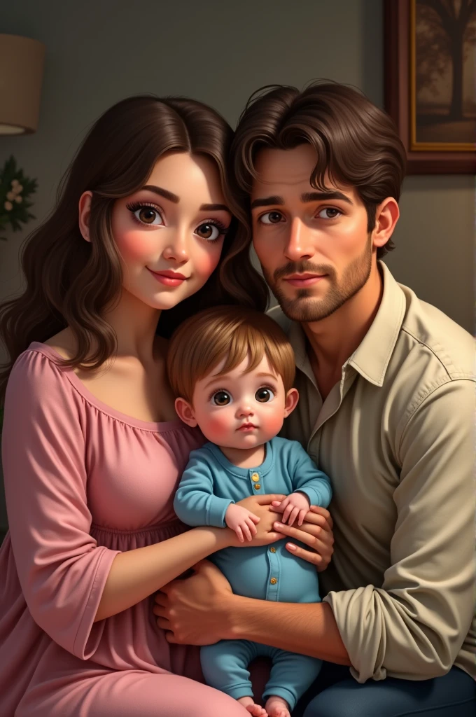 a man with short, dark hair, a woman with long, dark hair, a with brown hair and a pink dress and a baby in a blue jumpsuit