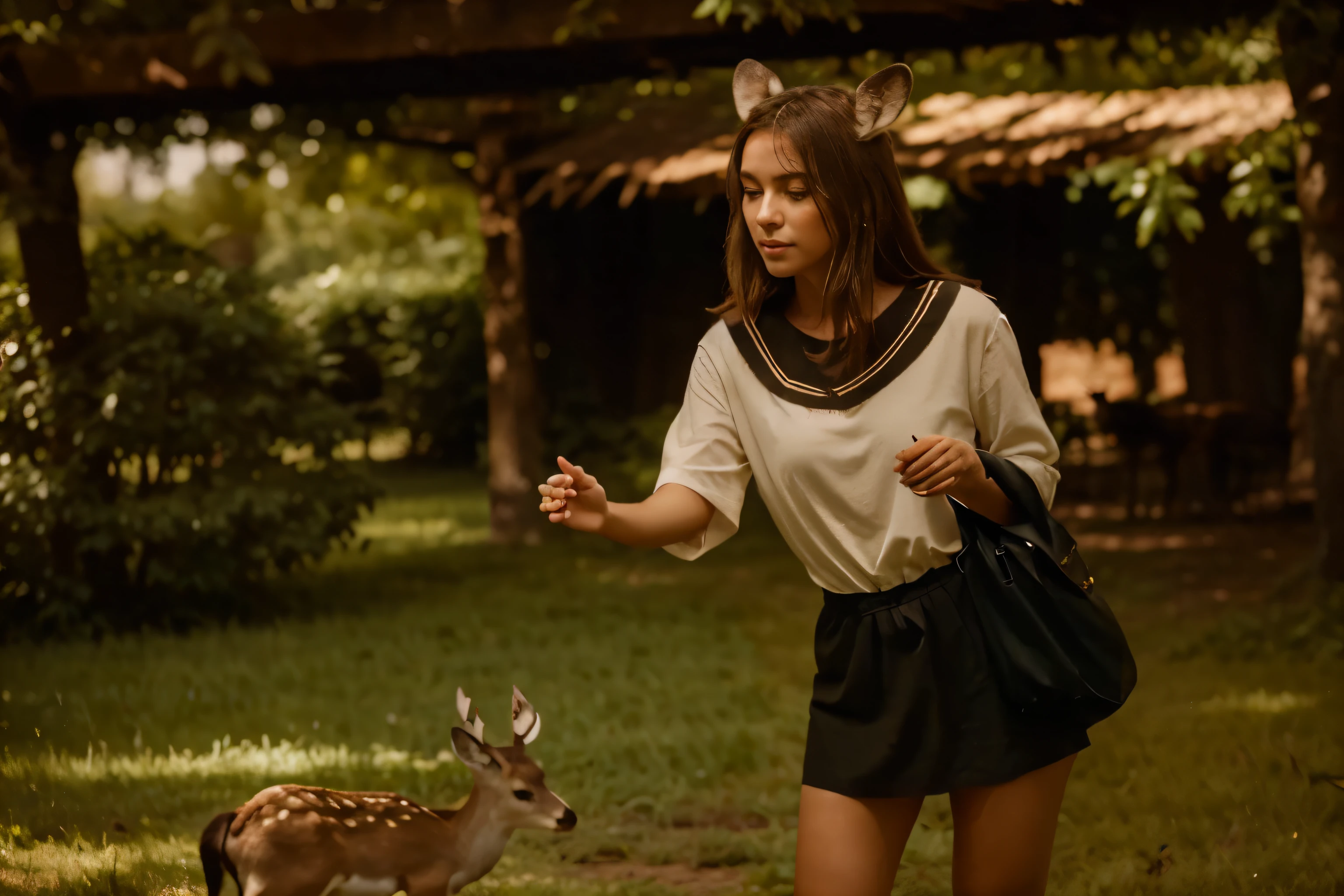 (Deer)) ((deers)) "Transform the setting of the image into a serene deer park. The park is lush with greenery, with trees and bushes creating a tranquil environment. The ground is covered in soft grass, with patches of dirt paths winding through the area. Dozens of gentle deer roam the park, some in the distance and others closer to the viewer. One deer stands prominently near the character, looking curious and approachable. The overall atmosphere is peaceful, with the sunlight filtering through the leaves, casting a soft glow on the scene. The character is positioned in a way that they are about to reach out and pet the deer closest to them."