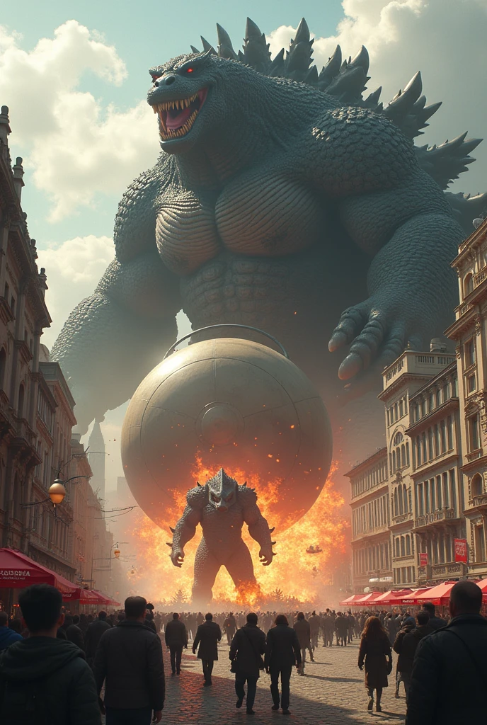 Gigant Tusk and Kaczyński fighting like Godzilla with Gong in the centre of Warsaw
