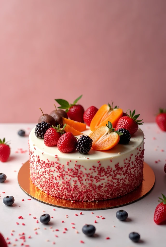 A red sesame cake with more white with fruit on top, spread with cesar with decorations so that you can see the fruit and chocolate on top with sesame but around the edge will be the drawing for a brand
