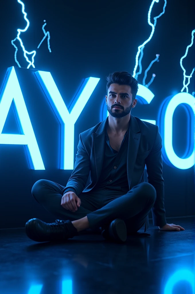 Handsome man sitting beside the name text “AYGO” with Blue neon Lightning effects 3D Pic