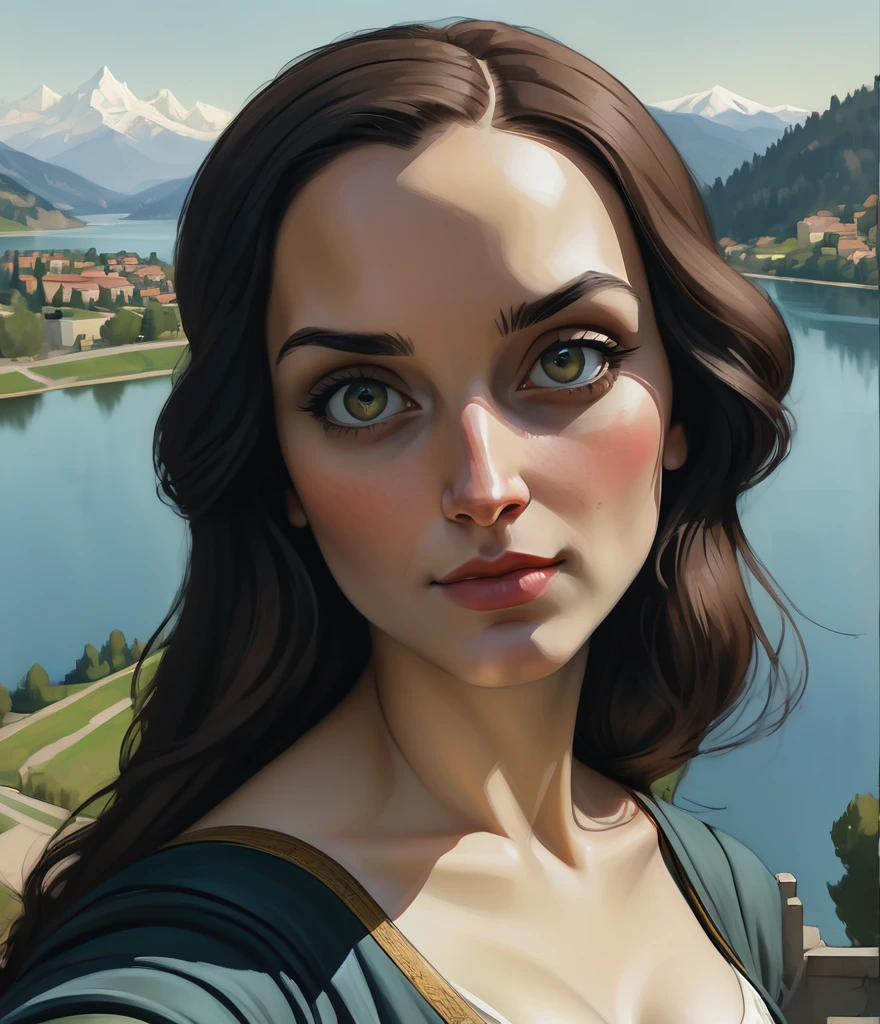 close-up representation of the Mona Lisa, (Point of view selfie:1.2), lake and hills in the background, (por Alex Maleev:1.5), big boobies, bow in hair
